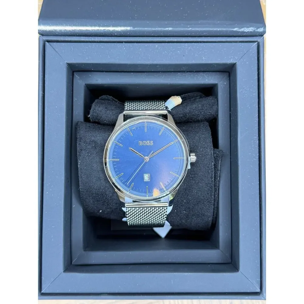 Hugo Boss Mens Watch Blue Dial Mesh Stainless Steel Bracelet Date Quartz New Box